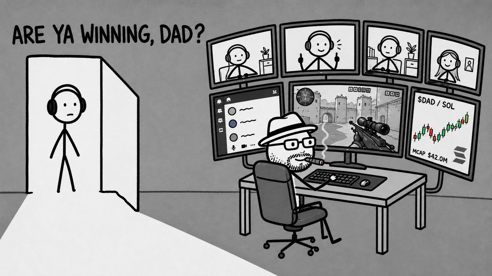 Doodle-style son in a doorway asking whether dad is winning at a multi-monitor trading desk